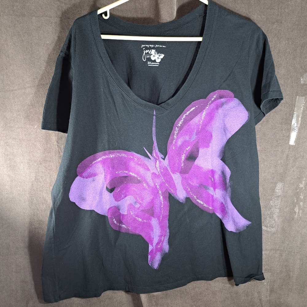 Just My Size Abstract Purple Butterfly Glitter Black Graphic Tee VG 3X